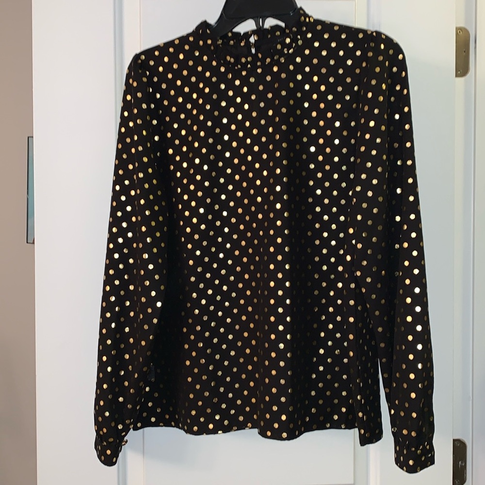 Ann Taylor Black and gold polka dot blouse